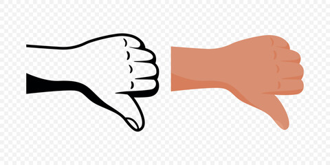 Fototapeta premium Flat Vector Cartoon Hand Gesture Showing Thumbs Down. Thumbs Down Icon for Social Media, Reactions, Feedback. Minimalist Thumbs Down Symbol with Line Art and Color Variations for Thumbs Down Templates