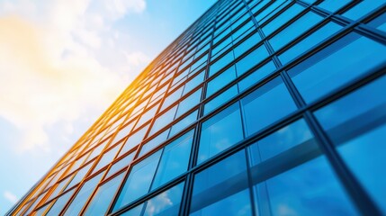 Modern Glass Building Facade with Blue Sky and Sunlight