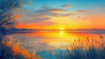 Obraz premium sunset at coast of the lake. Nature landscape.