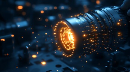 A close-up of a lens emitting bright, glowing particles, set against a dark backdrop of electronic components, suggesting themes of technology and innovation.