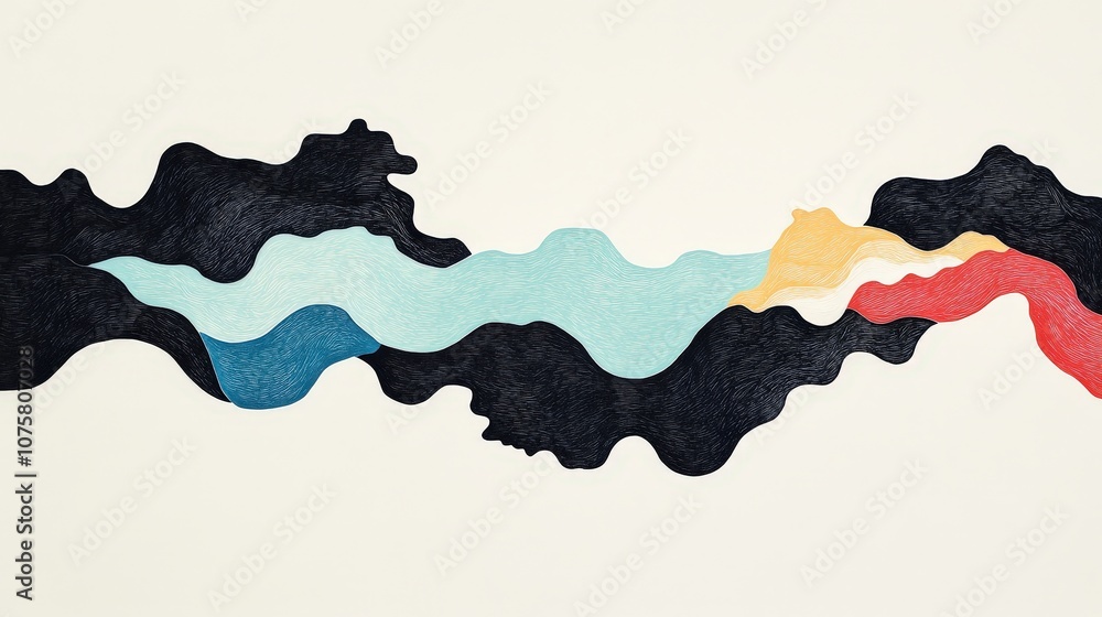 Poster abstract wave pattern with black, blue, yellow, and red colors creating artistic flow on light backg