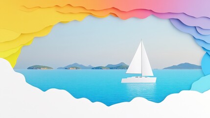 Tranquil Scene of a White Sailboat Sailing Across Calm Blue Waters with Colorful Layered Paper Design Illustrating a Serene Coastal Landscape
