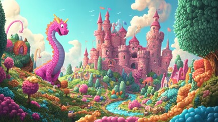 Fototapeta premium A magical, colorful cartoon kingdom with castles, dragons
