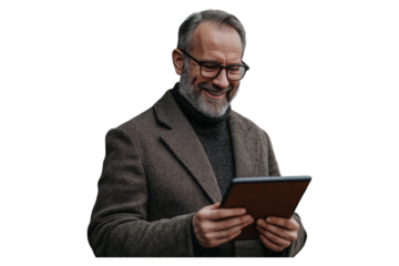 PNG studio shot of a mature man using a digital tablet against a grey background