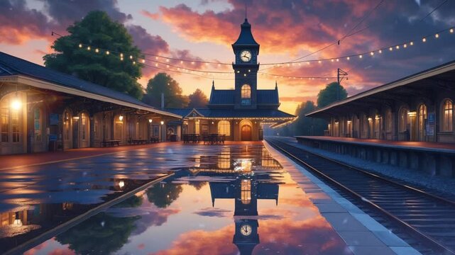 Train station with clock tower at dusk, reflection in puddle.