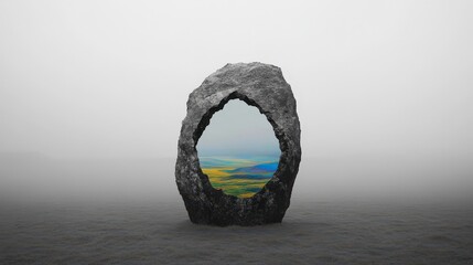 Fototapeta premium A Mysterious Stone Portal Framing a Vibrant Landscape in a Dreamlike Foggy Environment Suitable for Fantasy and Nature Themes