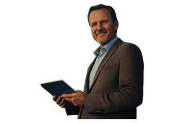 PNG studio shot of a mature man using a digital tablet against a grey background