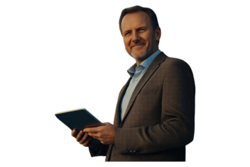 PNG studio shot of a mature man using a digital tablet against a grey background