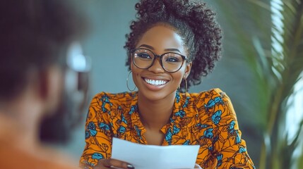 A young black woman in glasses smiling and looking at the camera while holding a piece of paper in her lap.