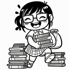 A girl with spectacles is carrying a stack of books. Coloring page for children.