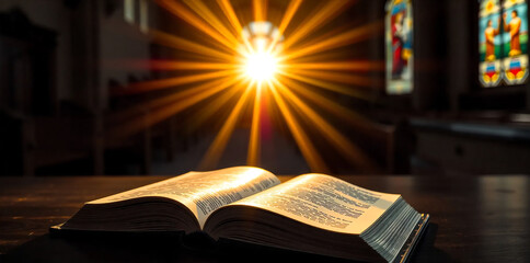Open Holy bible book with glowing lights in church