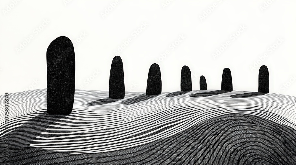 Poster abstract landscape with tall monoliths and curved lines creating a minimalist black and white scene 
