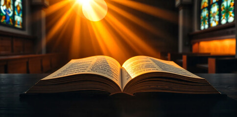 Open Holy bible book with glowing lights in church