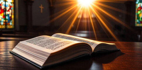 Open Holy bible book with glowing lights in church