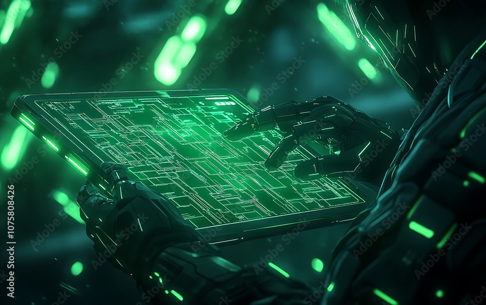 Aufkleber A futuristic scene depicting a figure interacting with a glowing green interface, surrounded by sparkling digital elements in a high-tech environment.