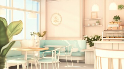 A pastel-themed cafe interior with light peach walls,
