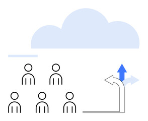 Simple human figures cloud, directional arrows. Ideal for teamwork, cloud computing, decision making, growth, strategy, leadership innovation. Line metaphor