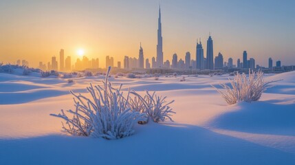 A peaceful winter morning in Dubai, with light snow