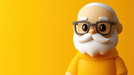 Fototapeta premium 3D cartoon character with glasses and white beard on yellow background, space for text
