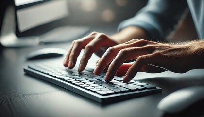 close-up of hands typing on a sleek, modern keyboard, with focus on the fingers in motion. Generative AI
