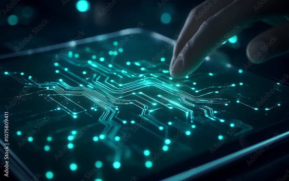 Poster A glowing circuit board is touched by a hand, depicting advanced technology and digital interaction in a futuristic setting.