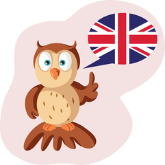 Cute Adorable Owl Vector Character Speaking English Language. Smart bird studying a foreign language at school