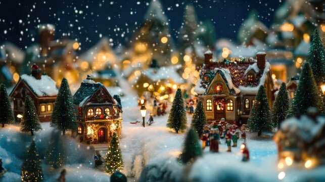 A picturesque Christmas village on a snowy hill, with twinkling