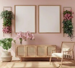 Minimalist living room interior with a wooden cabinet. a rocking chair. potted plants and three empty frames against a pink wall