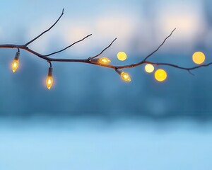 A charming winter scene featuring a branch adorned with glowing lights, creating a warm ambiance against a snowy backdrop.