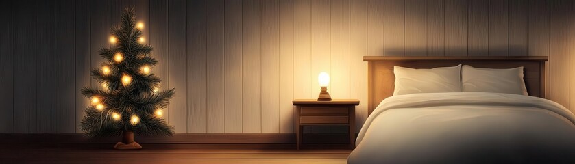 A cozy bedroom with a glowing bedside lamp and a beautifully decorated Christmas tree, perfect for holiday ambiance.