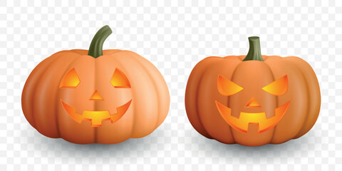 Realistic Vector Halloween Pumpkins with Carved Faces. Jack-O'-Lanterns Set for Halloween Decor. Detailed Pumpkin Illustrations for Festive Design, Icons, Templates