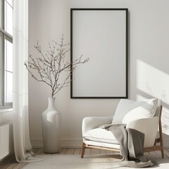 A white living room with a large window. a wooden armchair. a vase of branches. and a black frame on the wall