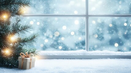 A cozy winter scene with a decorated Christmas tree and a beautifully wrapped gift near a snowy window, creating a magical atmosphere.