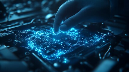 A futuristic hand interacts with a glowing circuitry, symbolizing technology, innovation, and digital connectivity.