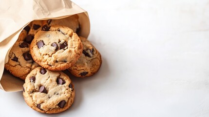 Chocolate Chip Cookies with Paper Bag on White Background
