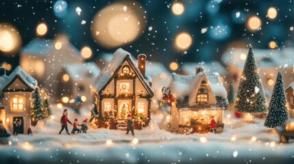 Fototapeta premium A snow-covered Christmas village at dusk, with twinkling