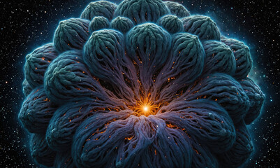 A glowing, blue, organic shape is seen in a field of stars, its intricate network of veins converging at a bright, central point