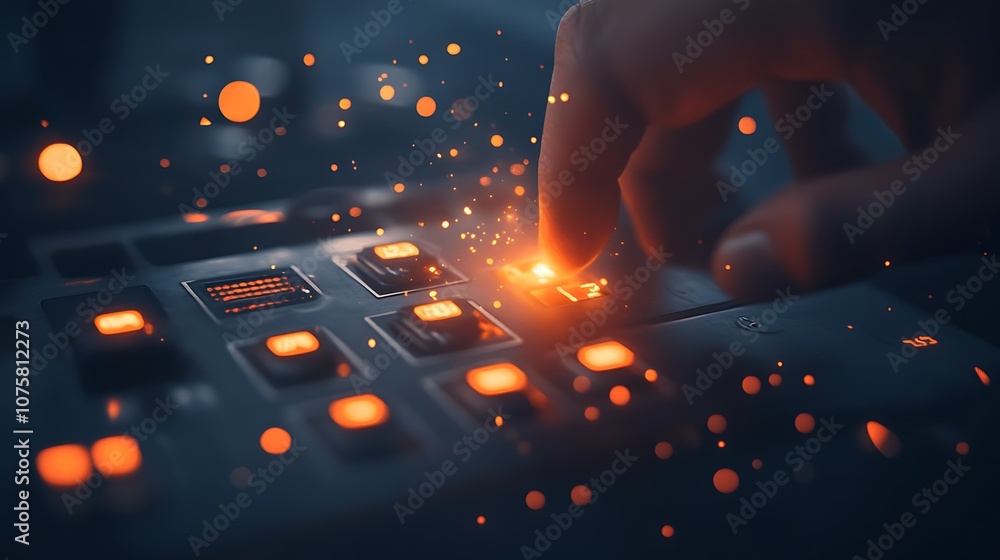 Aufkleber A hand interacting with illuminated buttons, creating a dynamic, glowing effect in a digital environment, emphasizing technology and innovation.