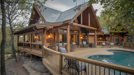 Fototapeta premium Cozy wooden cabin with a pool, surrounded by trees, featuring a spacious deck and large windows for a welcoming atmosphere.