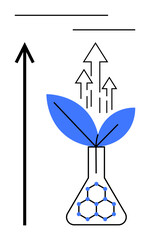 Laboratory flask with green leaves upward arrows, molecular pattern symbolizes growth, innovation, sustainability, biotechnology, new ideas, environmental science. Ideal for progress themes. Line