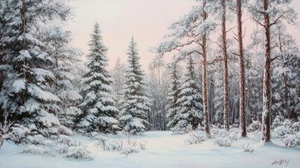 Fototapeta premium A snow-covered forest with towering pines and frost-covered
