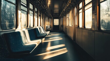 Empty Train Interior Bathed in Warm Sunlight