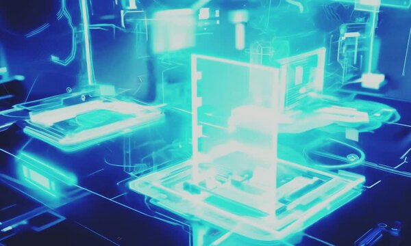 Futuristic digital interface with glowing cubes and holographic displays.