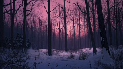 Naklejka premium A snowy forest at twilight, the trees dark silhouettes against