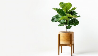 A potted plant with large green leaves stands on a wooden stand against a white wall