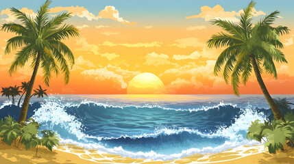 Fototapeta premium A scenic tropical beach sunset with palm trees, waves crashing on the shore, and a bright orange sky.
