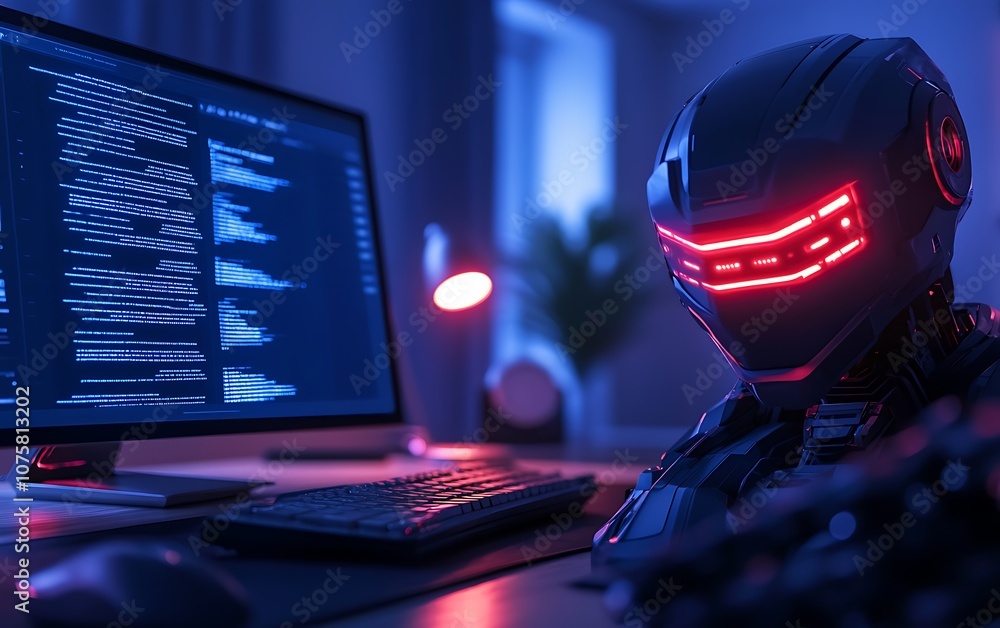 Aufkleber A sleek, robotic helmet with glowing red lights sits beside a computer displaying code in a dark, futuristic workspace.