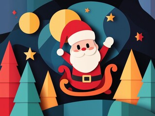 Cute Santa Claus Illustration with Stars and Trees