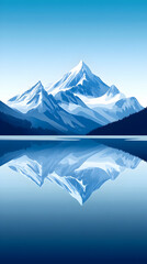 A serene, snow-capped mountain range reflected in a tranquil lake.