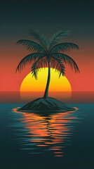 A single palm tree stands on a small island in the middle of the ocean at sunset. The sun is setting behind the tree and casting a golden glow on the water.